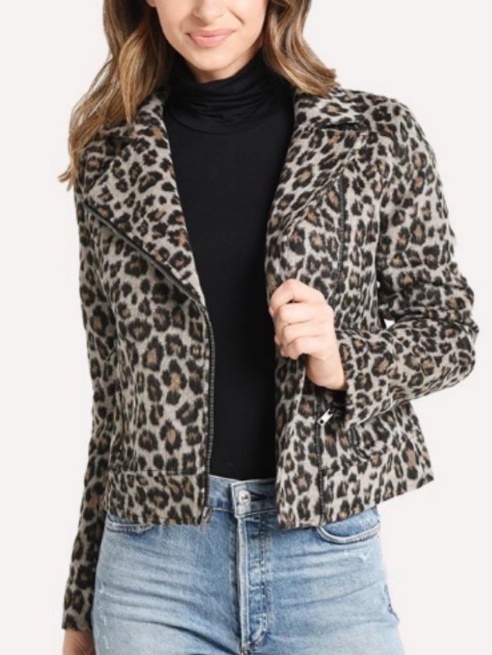 cupcakes & cashmere Margaux wool Leopard-Print Moto Jacket in Taupe and Black